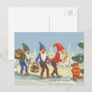 Vintage Christmas, Elves in the Snow Forest Winter Holiday Postcard