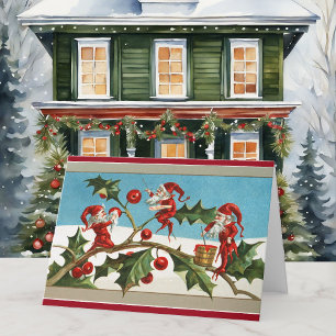 Vintage Christmas Elves X 3 Personalise Message Card