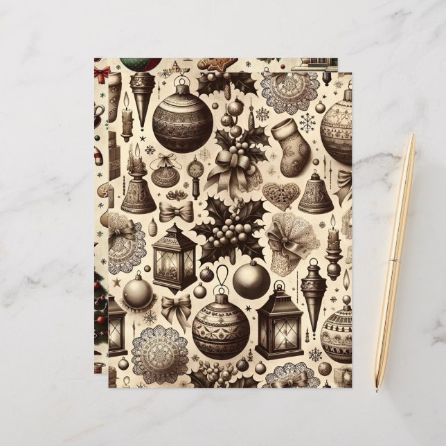 Vintage Christmas Ephemera Scrapbook Paper (Front/Back In Situ)