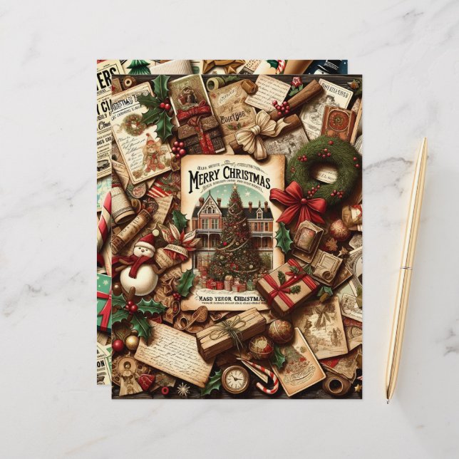 Vintage Christmas Ephemera Scrapbook Paper (Front/Back In Situ)