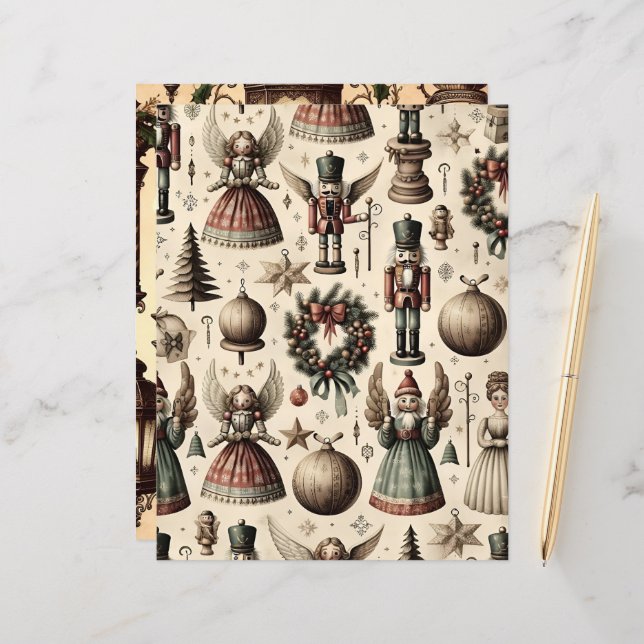 Vintage Christmas Ephemera Scrapbook Paper (Front/Back In Situ)