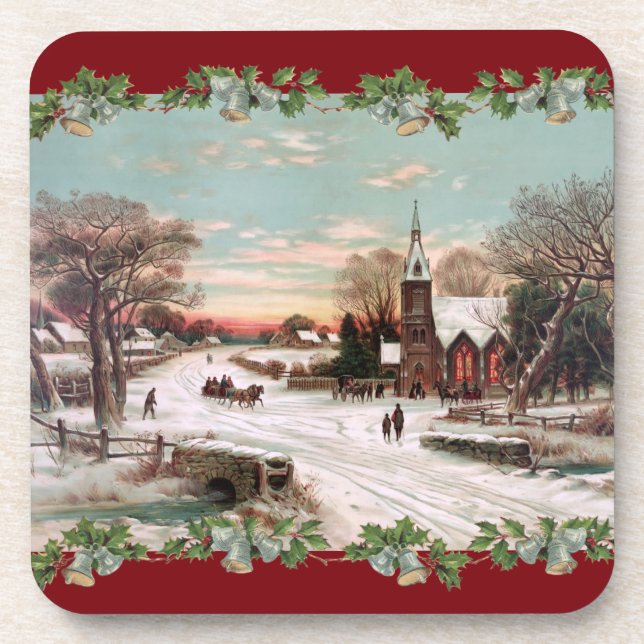 Vintage Christmas Eve Cork Coaster (Front)