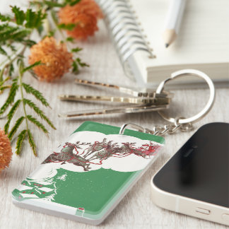 Vintage Christmas Eve, Retro Santa Claus in Sleigh Key Ring