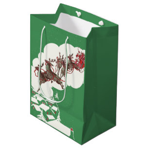 Vintage Christmas Eve, Retro Santa Claus in Sleigh Medium Gift Bag