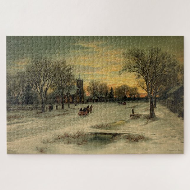 Vintage Christmas Eve Sunset Winter Landscape Jigsaw Puzzle (Horizontal)