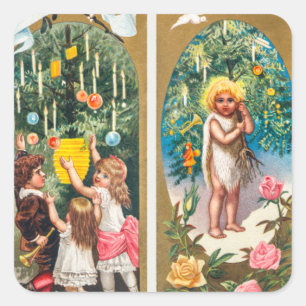 Vintage Christmas Families and Christmas Trees Square Sticker