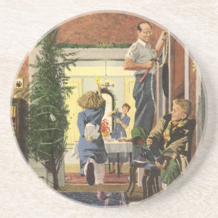 Vintage Christmas, Family Decorating the House Coaster