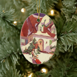 Vintage Christmas, Family House in the Snow Ceramic Tree Decoration
