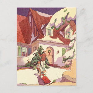 Vintage Christmas, Family House in the Snow Holiday Postcard