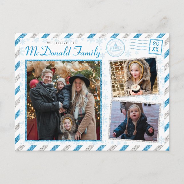 Vintage Christmas Family Photo Glitter Air Mail Postcard (Front)