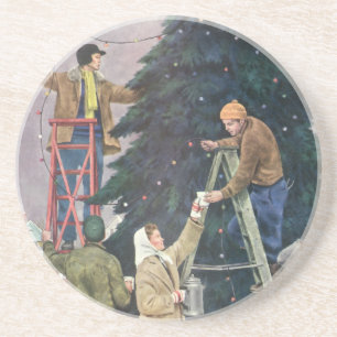 Vintage Christmas, Family Stringing Lights on Tree Coaster