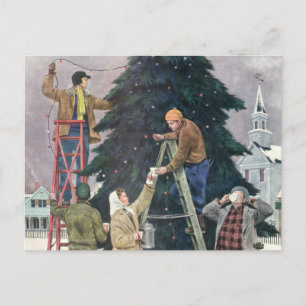 Vintage Christmas, Family Stringing Lights on Tree Holiday Postcard