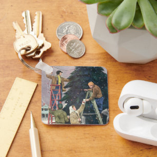 Vintage Christmas, Family Stringing Lights on Tree Key Ring