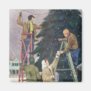 Vintage Christmas, Family Stringing Lights on Tree Magnet