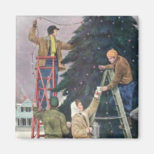 Vintage Christmas, Family Stringing Lights on Tree Magnet (Front)