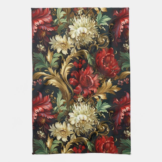 Vintage Christmas fantasy Floral Pattern Tea Towel (Vertical)