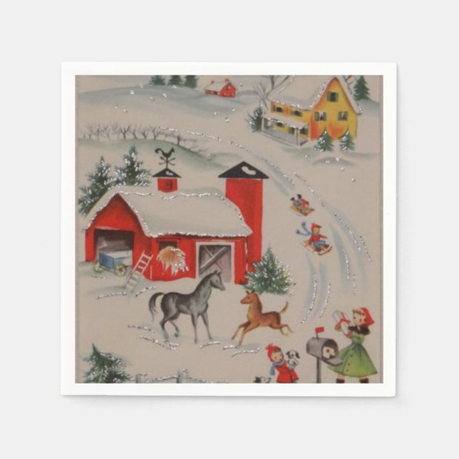Vintage Christmas farm Holiday party napkins paper (Front)