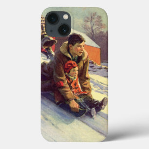 Vintage Christmas, Father and Daughter Sledding iPhone 13 Case
