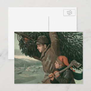 Vintage Christmas, Father and Son Cut Down a Tree Holiday Postcard