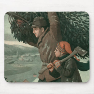 Vintage Christmas, Father and Son Cut Down a Tree Mouse Pad