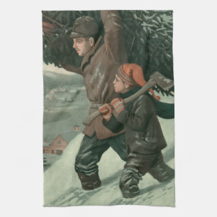 Vintage Christmas, Father and Son Cut Down a Tree Tea Towel