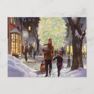 Vintage Christmas, Father Shopping with the Kids Holiday Postcard