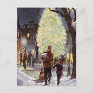Vintage Christmas, Father Shopping with the Kids Holiday Postcard