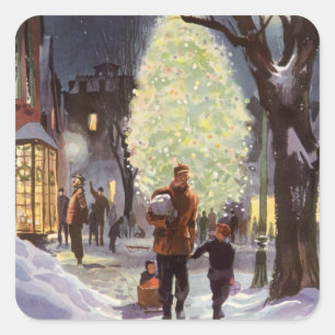 Vintage Christmas, Father Shopping with the Kids Square Sticker