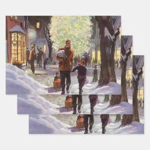Vintage Christmas, Father Shopping with the Kids Wrapping Paper Sheet