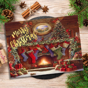 Vintage Christmas Fireplace with Stockings Holiday Postcard