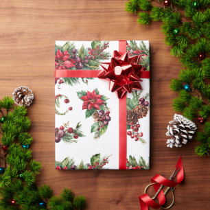 Vintage Christmas Floral and Berry Watercolor Clip Wrapping Paper