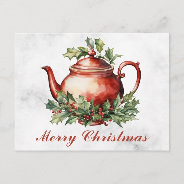 Vintage Christmas Floral Antique Teapot Tea Postcard (Front)