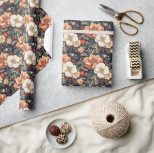 Vintage Christmas Floral Poinsettia & Holly Gift Wrapping Paper