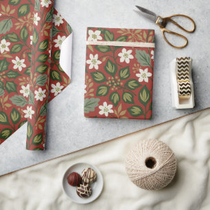 Vintage Christmas Floral Red Green Holiday Wrapping Paper