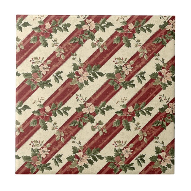 Vintage Christmas Floral Striped (5) Tile (Front)