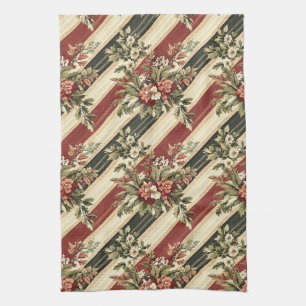 Vintage Christmas Floral Striped Tea Towel