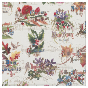 Vintage Christmas Floral w/Music and Ornate Text Fabric