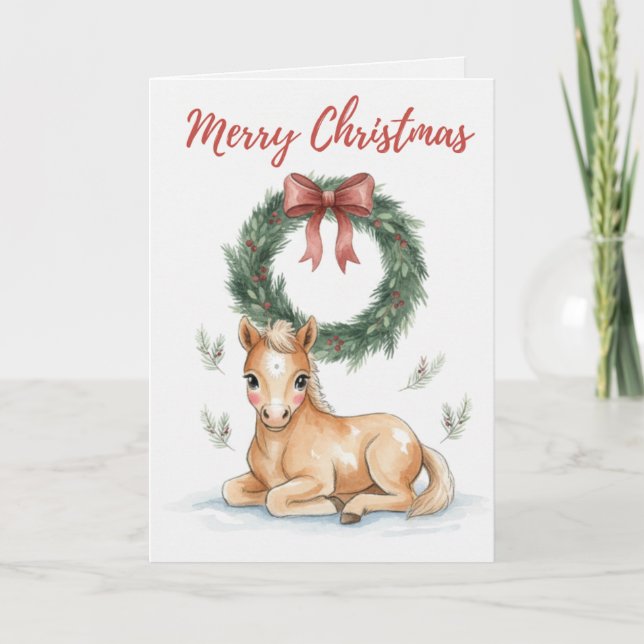 Vintage Christmas Foal with Holiday Wreath Card (Front)