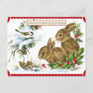 Vintage Christmas Forest Bunnies and Bird Nature Holiday Postcard