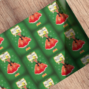 Vintage Christmas frame green red glitter girl Wrapping Paper
