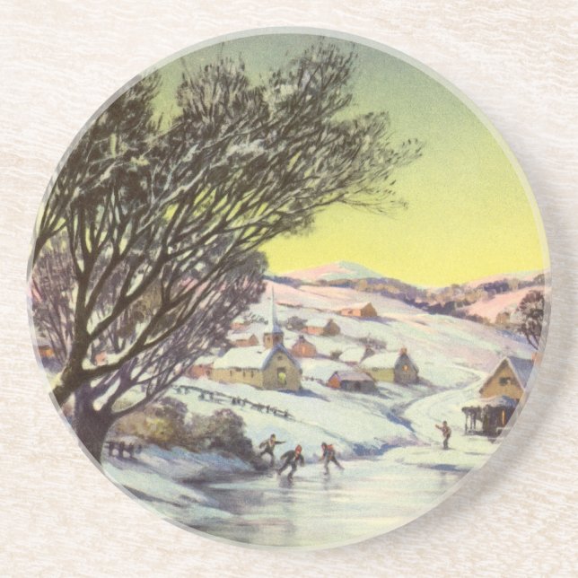 Vintage Christmas,  Frozen Lake with Ice Skaters Coaster (Front)