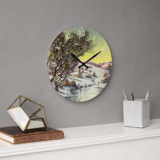 Vintage Christmas,  Frozen Lake with Ice Skaters Large Clock