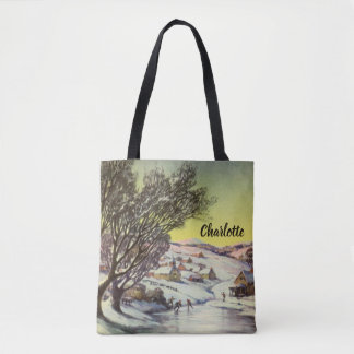 Vintage Christmas, Frozen Lake with Ice Skaters Tote Bag