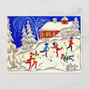 Vintage Christmas fun, Skating on the pond Holiday Postcard