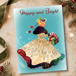 Vintage Christmas gift box gold glitter girl Postcard