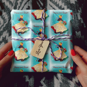 Vintage Christmas gift box gold glitter girl Wrapping Paper