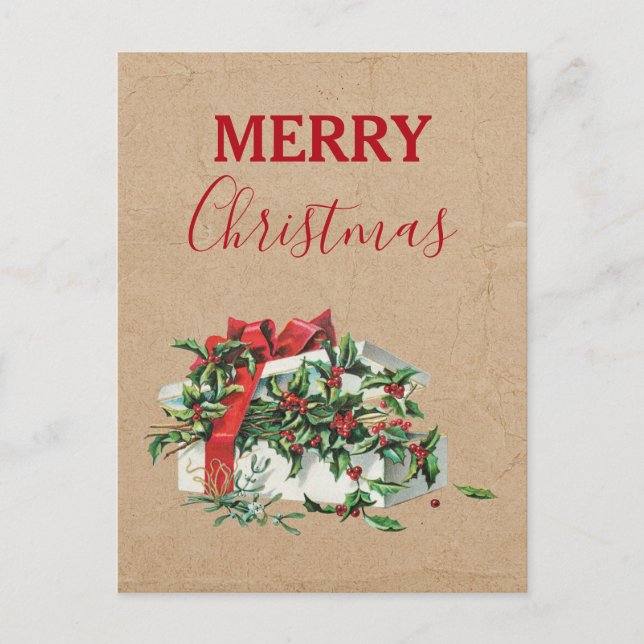 Vintage Christmas Gift Holiday Holly Berries Kraft Postcard (Front)