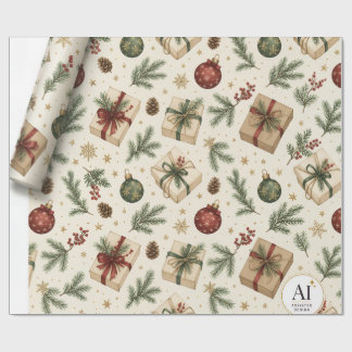 Vintage Christmas Gifts & Pine Branches Wrapping P Paper