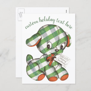Vintage Christmas Gingham Puppy Dog Stuffed Animal Holiday Postcard
