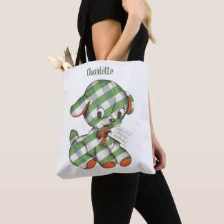 Vintage Christmas Gingham Puppy Dog Stuffed Animal Tote Bag